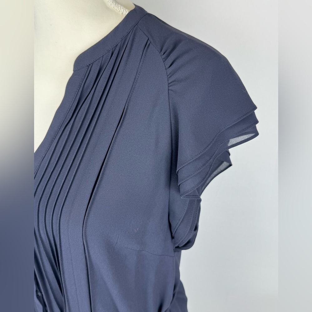 H&M Pintuck Dress Flutter Short Sleeves Tie Waist Navy Blue Lightweight Size 14 - Picture 5 of 13
